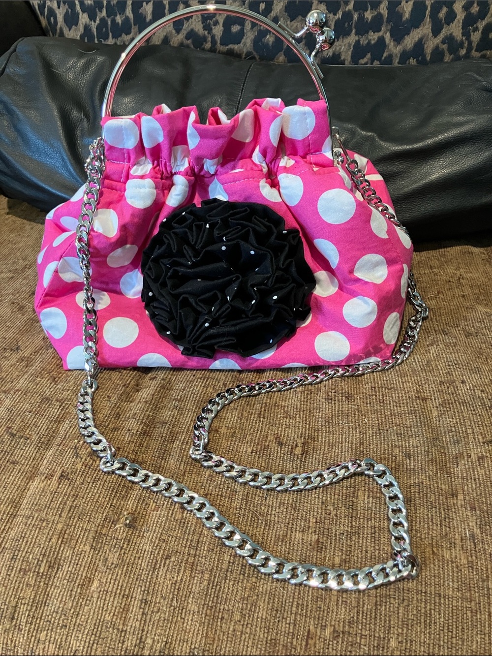 Polka Dot Pink Gathered Handbag with Black Rosette Accent